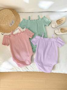 SHEIN LMoss Kids 3件組新生女嬰休閒可愛簡約純色露肩短袖連身衣 - 彩色 - 查看 2