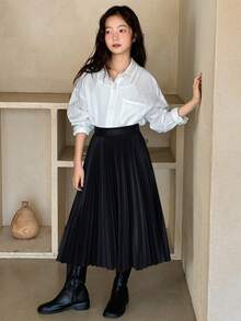 DAZY Tween Girl Solid Color Pleated A-Line Skirt For Back To School, Autumn - Black - View 3