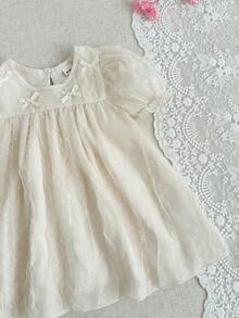 SHEIN Baby Girl Bow Decor Short Puff Sleeve Casual Dress - Apricot - View 3