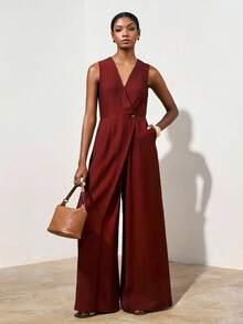 Zivah 2025 春季新品上市 复活节 生日派对 毕业季 日常出行 必备单品 休闲度假 街头时尚 极简通勤 V领 不对称设计 解构设计 隐藏式侧缝口袋 连体裤 - 鏽棕色 - 查看 2