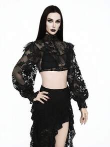 Glisette 蕾丝面料灯笼袖设计优雅荷叶边衬衫，春秋季时尚之选 - 黑色 - 查看 6