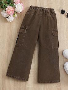 Pantalones vaqueros cargo de pierna ancha y bolsillo amplio para niñas jóvenes - Café integral - Ver 2