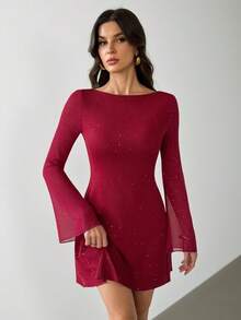 SHEIN Tall 优雅蝴蝶结露背性感亮片修身迷你连衣裙，婚礼宾客礼服，红色连衣裙，圣诞节，新年礼服 - 酒紅色 - 查看 2