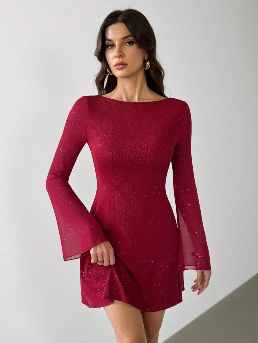 SHEIN Tall 优雅蝴蝶结露背性感亮片修身迷你连衣裙，婚礼宾客礼服，红色连衣裙，圣诞节，新年礼服