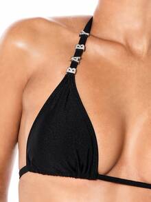 BABYPHAT Women's Triangle Bikini Top With Rhinestone Detail Straps Halter Neck Swimwear Summer Beach Vacation - Black - View 5