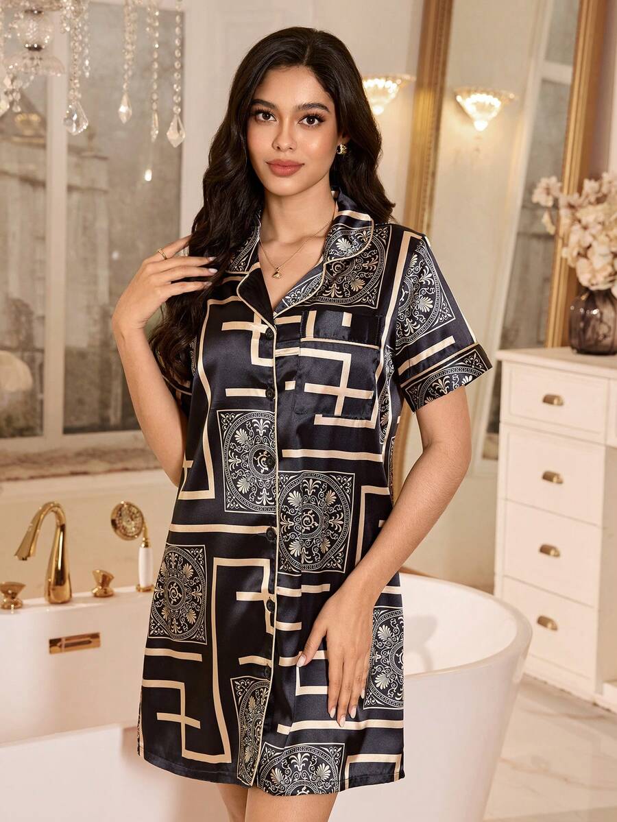 LuxeNights 女士优雅几何图腾复古印花仿丝绸翻领短袖睡衣连衣裙 - 彩色 - 查看 1