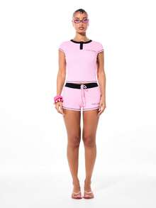 BABYPHAT 女士罗纹粉色撞色滚边高腰常规短裤，带抽绳腰带和品牌标志，夏季休闲款 - 淺粉色 - 查看 3