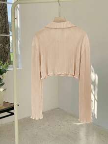 Comfortcana 女士卡其色短款荷叶边下摆长袖衬衫，春夏款 - 卡其色 - 查看 2