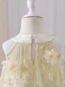 Glamorique Kids 女婴优雅3D立体花卉下摆网纱拼接无袖连衣裙，适合夏季旅行、生日派对、演出服 - 杏色 - 查看 7
