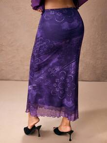 ROMWE PETITE 女士复古印花低腰鱼尾裙 - 紫色 - 查看 2