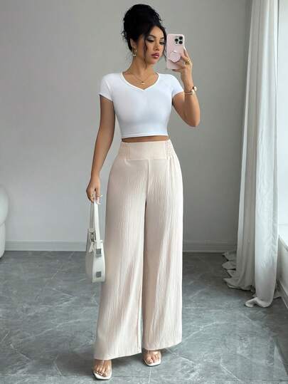 SHEIN Elenzya Women's Casual Loose Straight Leg Drawstring Waist Pants, Suitable For Summer And All Seasons, Relaxed Fit For Everyday Wear, Gatherings, Commuting, Work, Graduation, Back To School, Thanksgiving, Casual Straight Leg Loose Pants For Spring/Summer