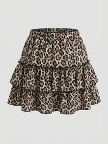 INAWLY 2026春夏新款豹纹荷叶边休闲半身裙 - 棕色 - 查看 4