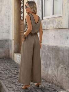 Brillora Women's Sleeveless Wide Leg Jumpsuit, Casual Vacation - Khaki - View 3