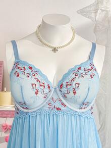 PetitDoll 大码甜美可爱浪漫花卉蕾丝拼接网纱内衣连衣裙+丁字裤两件套 - 藍色 - 查看 6