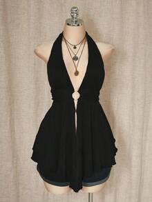 SHEIN ICON 大码 Y2K 风格镂空不对称下摆娃娃衫吊带针织背心 - 黑色 - 查看 7