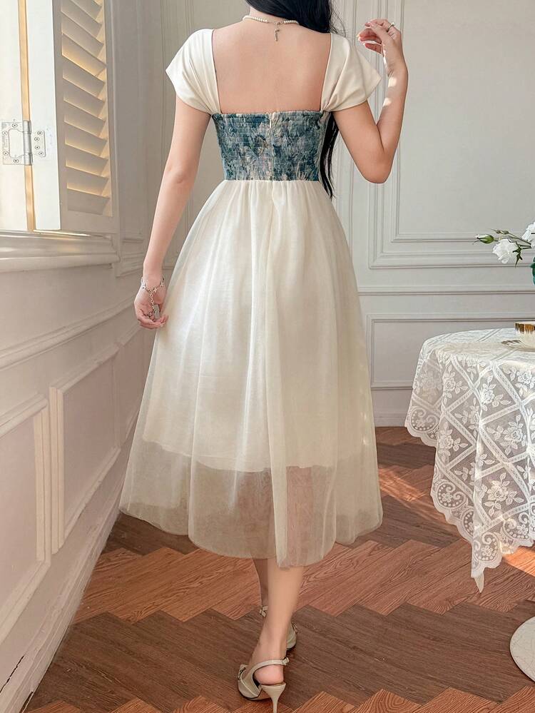Women's Elegant Colorblock Square Neck Mid-Length Dress, Summer Wedding Guest Dress Maxi Dress Sundress