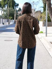 Yess Loren 女式秋季豹纹纽扣前领长袖宽松外套，休闲日常穿着 - 棕色 - 查看 2