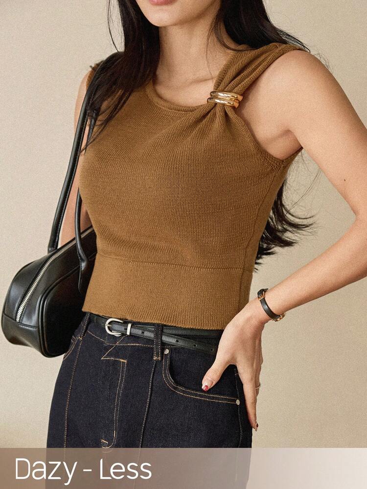Women's Solid Color Metal Decor Casual Knitted Vest Summer