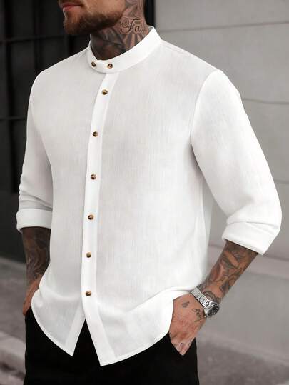 Manfinity CasualCool Men's White Mandarin Collar Linen Casual Long Sleeve Shirt White Shirt Men's White Shirt White Linen Shirt White Button Down Shirt Mandarin Collar Shirt