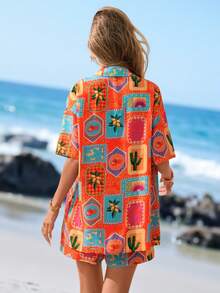 Sylviya Women's Casual Fruit & Floral Print Shirt Set,Orange Red Summer Boho Vacation Holiday Beach Outfits Tropical Outfits For Women - Multicolor - View 2