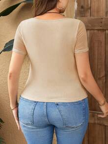 SHEIN Privé Camiseta de verano minimalista con cuello de volantes de malla de color contrastante - Albaricoque - Ver 2