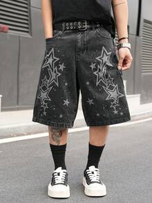 Manfinity EMRG Men's Casual Street Style Printed Black Denim Shorts - Black - View 6