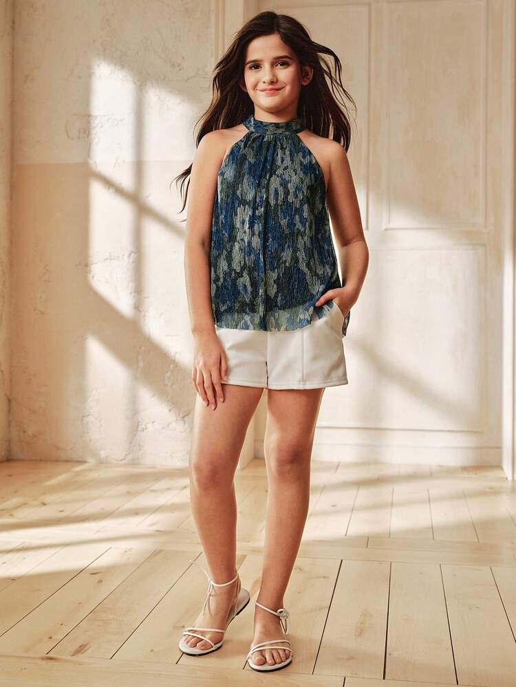 Elegant Pleated Print Halter Neck Blouse For Tween Girlsbowknot Decor, Sweet & Chic Style, Suitable For Party, Family Outing And Photo Shoot