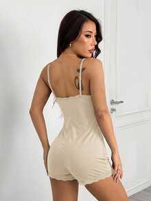 SHEIN PETITE 女士纯色蕾丝拼接吊带简约修身连体裤 - 淡黃色 - 查看 2