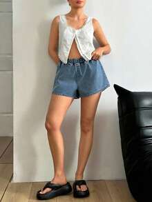 EURMUSE Low Waist Casual Style Medium Blue Wash Regular Fit Elastic Belt Mini Denim Short - Medium Wash - View 4