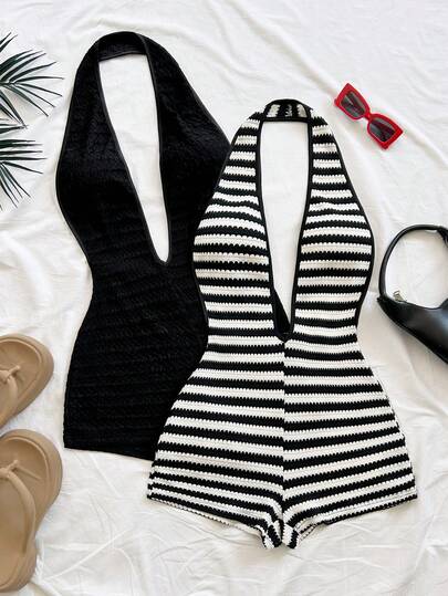 Soleia 2pcs/Set Retro Striped Contrast Color Halter Sexy Women's Jumpsuit + Black Halter Jumpsuit, Casual Vacation, Date, Afternoon Tea, Beach, Cruise, City Trip, Music Festival, Party, Bohemian, Hippie, Western Style, Can Be Worn Inside Or Outside, Daily Commute