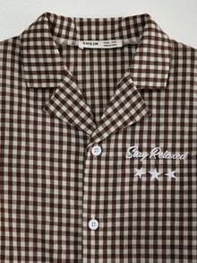 Tween Boys Pajamas-2 Pieces Summer Pajama Set Brown Gingham Short Sleeve Button Shirt With Collar Long Pants Sleepwear Relaxed Fit Holiday 2026 Essential Nightwear Lightweight Cute Stars Embroidered Classic Casual Home Gift Perfect Lounge - Mocha Brown - View 8