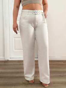 EURMUSE Plus High Waist Belted Straight Jean White Dress Pants Cream Pants White Wide Leg Pants Womens White Pants - White - View 7