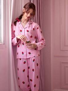 条纹草莓印花睡衣套装，甜美可爱翻领纽扣长袖上衣和长裤，女士睡衣家居服套装，秋冬 - 粉色 - 查看 9