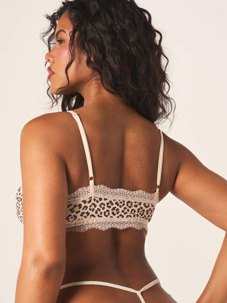 MISSGUIDED Women's Leopard Print Lace Trim Bralette And Thong Lingerie Set With Adjustable Straps For Intimate Occasions Valentine's Day