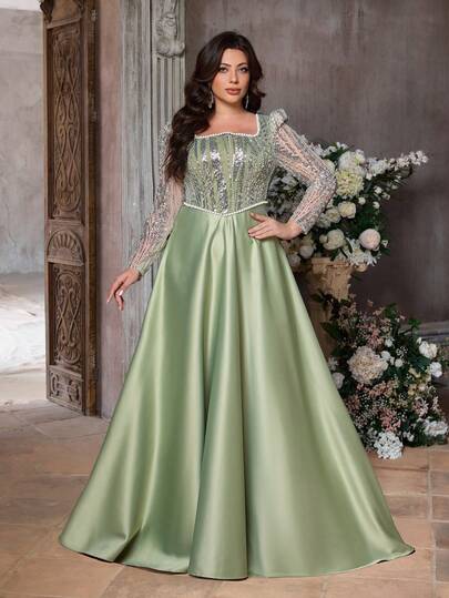 Aureia Plus Size Elegant Romantic Green Square Neck Long Sleeve Sheer Luxury Beaded Patchwork A-Line Wedding Dress, Suitable For Wedding, Party, Celebration, Formal Evening Gown (Intricate Design)