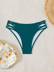 Swim Vcay Women's Summer Beach Solid Color Side Hollow Design Bikini Bottom - Dark Green - View 5
