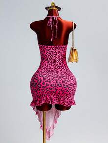 Lureya 女士时尚针织吊带衫几何豹纹短款不规则荷叶边下摆优雅浪漫度假休闲日常约会晚餐春夏连衣裙 - 彩色 - 查看 2