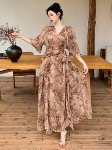 DAZY 女士夏季休闲度假风印花交叉领裹身系腰连衣裙 - 淺綠色 - 查看 7