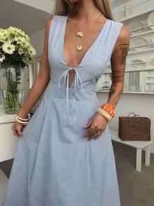 Livesso Vestido midi sin mangas a rayas con cinturón azul, conjunto de playa de estilo campestre para el verano - Azul - Ver 6