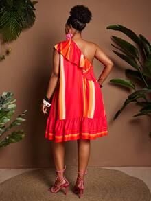 Maweii Plus Size Women Striped Print Ruffle Trim Asymmetric Shoulder Sleeveless A-Line Dress - Multicolor - View 3