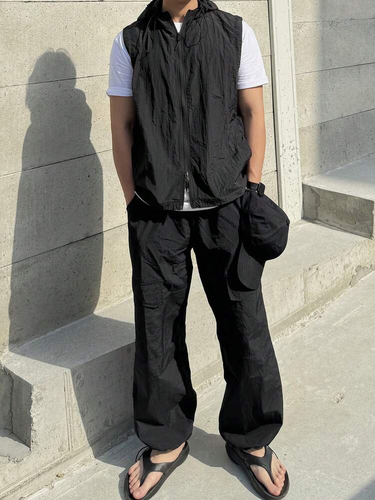 Men's Sleeveless Hooded Jacket And Pants Set, Black, Summer