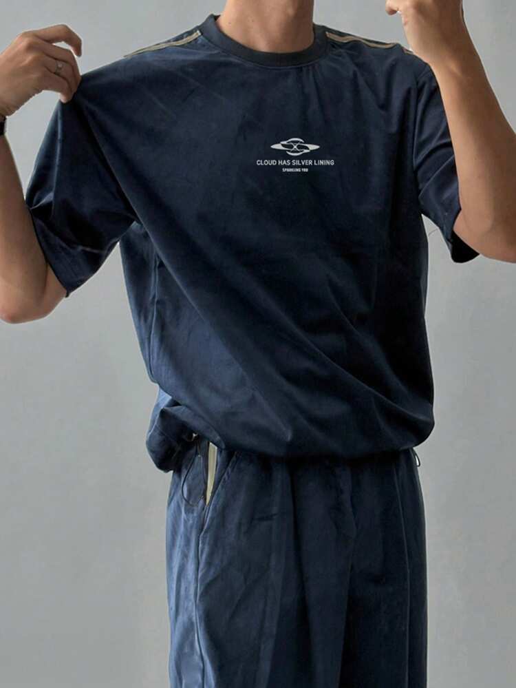 Men's Blue Letter Print Short Sleeve T-Shirt And Shorts Set, Summer