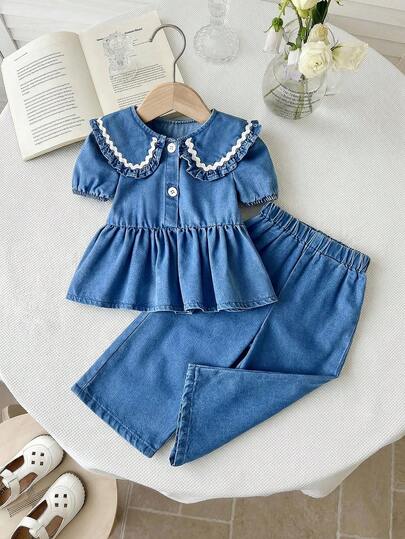 LMoss Kids Conjunto de 2 piezas de top de manga corta y pantalones holgados de niña bebé en azul denim