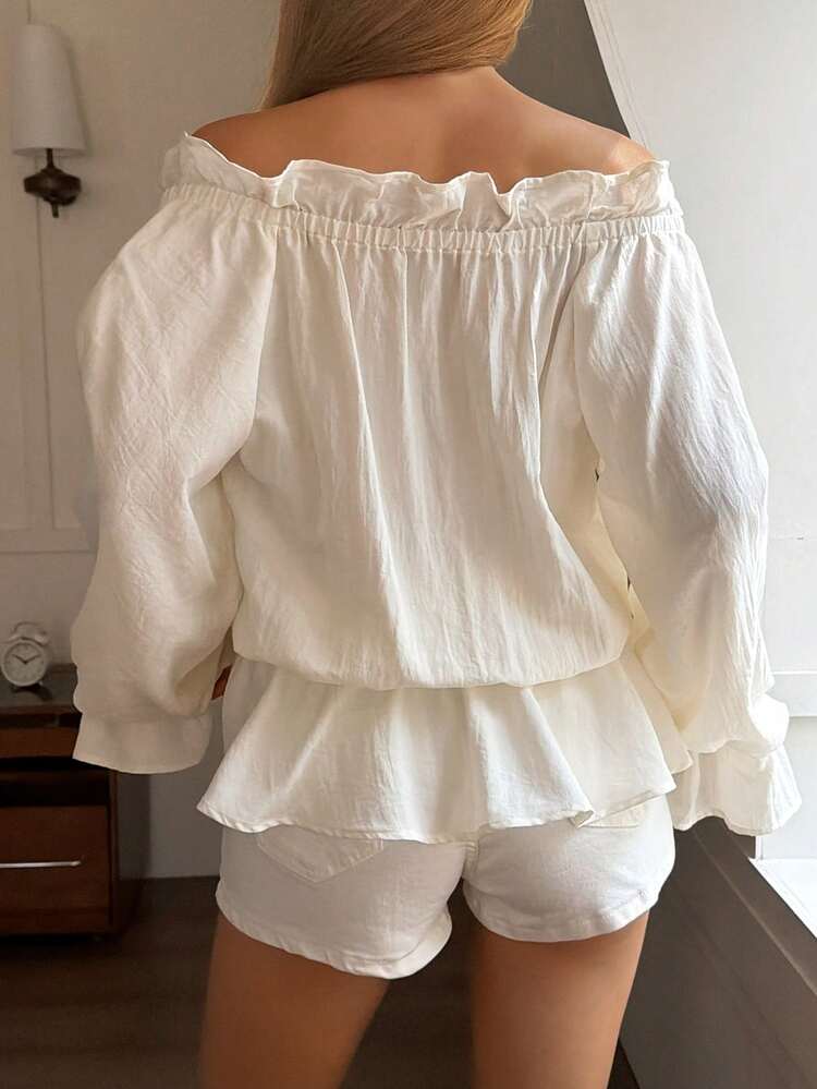 Women's Loose Off-Shoulder Ruffle Tie-Up Flare Sleeve Pleated Hem Elegant Summer Blouse