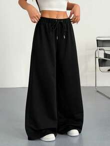 Hanevo 少女抽绳腰宽松喇叭直筒休闲裤，后臀印花图案 - 黑色 - 查看 5
