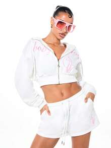 BABYPHAT 女士休闲运动日常通勤刺绣落肩宽松拉链抽绳连帽短款卫衣 - 白色 - 查看 1