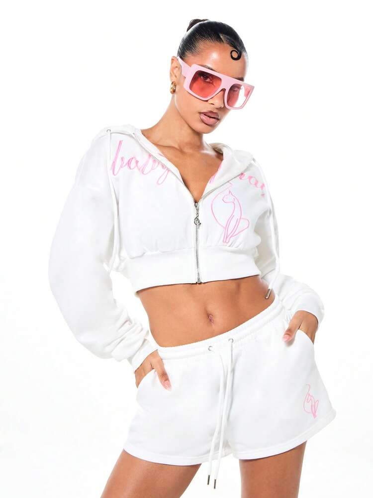 BABYPHAT Women's Cropped Zip Up Hoodie With Pink Text And Logo Print Long Sleeve Casual Streetwear Winter Fall Spring
