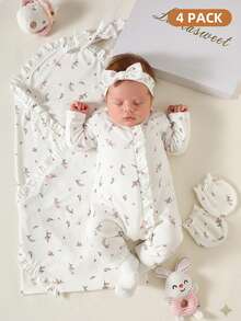 SHEIN 4pcs Newborn Baby Girl White Ditsy Floral Gift Set Cute Autumn Holiday Soft Knit Romper Bow Headband Mittens Swaddle Blanket 0-9 Months Layette - White - View 2