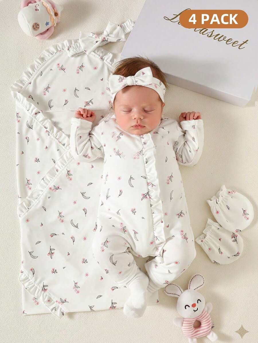 SHEIN 4pcs Newborn Baby Girl White Ditsy Floral Gift Set Cute Autumn Holiday Soft Knit Romper Bow Headband Mittens Swaddle Blanket 0-9 Months Layette