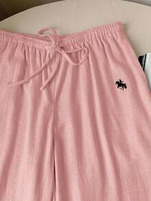 Comfortcana 女士抽绳腰带骑士印花休闲百搭日常阔腿裤 - 淺粉色 - 查看 6